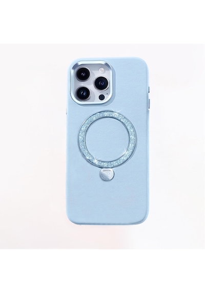 Apple Uyumlu iPhone 15 Pro Kılıf Magsafe Şarj Özellikli Standlı Suni Deri Pynana Dancing Circle Serisi Kapak Mavi