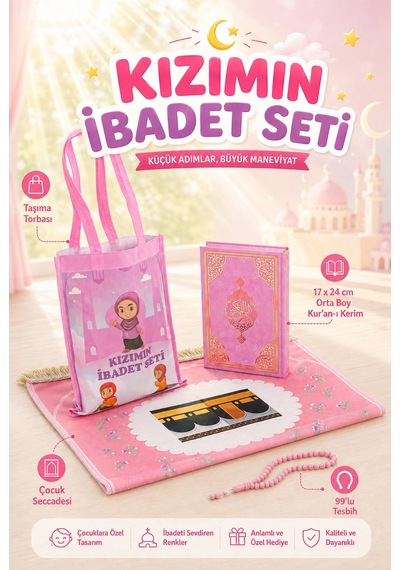 Çantalı Kız Çocuk İbadet Seti Pembe Kabe Motifli İsimli Seccade Orta Boy Kuranı Kerim Tesbihli