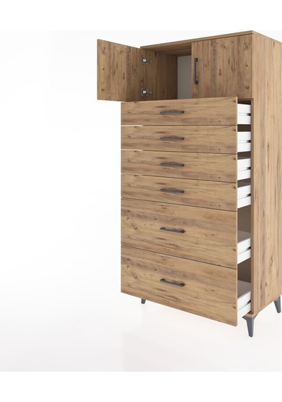 Hyperion Dolap Tek Raflı 6 Çekmeceli 2 Kapaklı 88x44x182 Çam-çam Çam