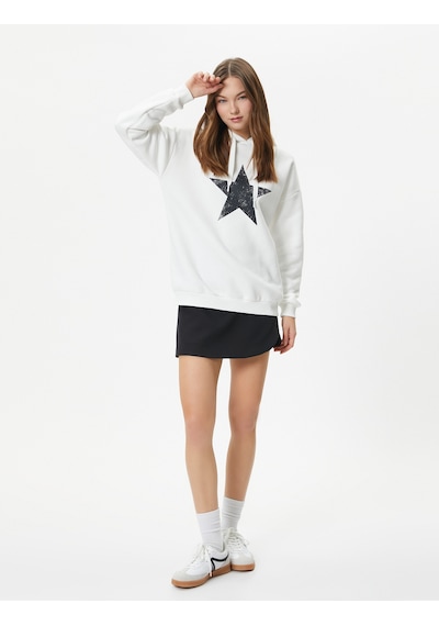 Koton Rahat Kalıp Arkası Baskılı Şardonlu Kapüşonlu Sweatshirt Ekru 7wal10048ık