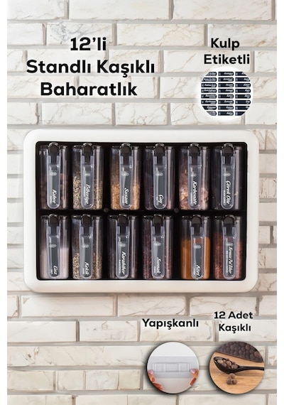 Porsima 1165 Random Standlı Kendinden Yapışkanlı Kaşıklı Kapaklı Baharatlık Seti 12'li Beyaz - Siyah Siyah - Beyaz