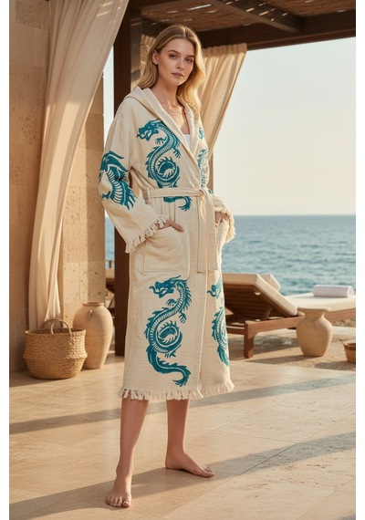 Varol Organik %100 Pamuk Kimono Yaka Sabahlık Bornoz - Viserion Turkuaz