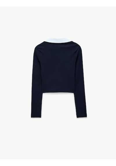 Koton Pamuklu Gömlek Yaka Katlı Slim Fit Uzun Kollu Tişört Lacivert 7wal10124ık