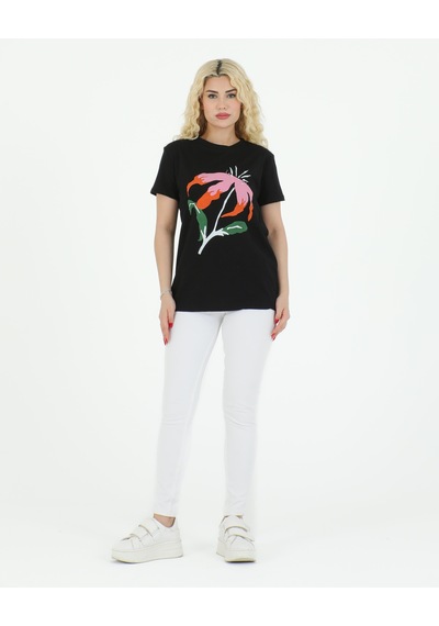 Sortie Collection Çiçek Baskılı Tshirt Siyah