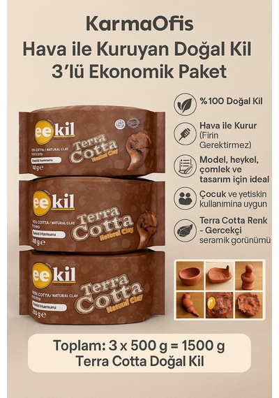 Terra Cotta Doğal Kil Hamuru 3x500g Hava İle Kuruyan Seramik Hamur El Sanatları, Dekor, Modelleme Çok Renkli