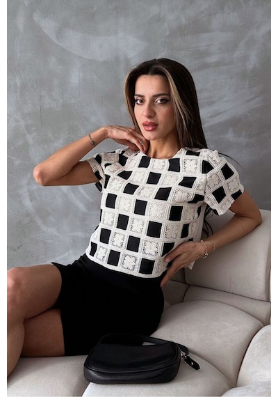 Verymoda Kısa Kollu Dama Desen Tiğişi Bluz D2619 Siyah Ham