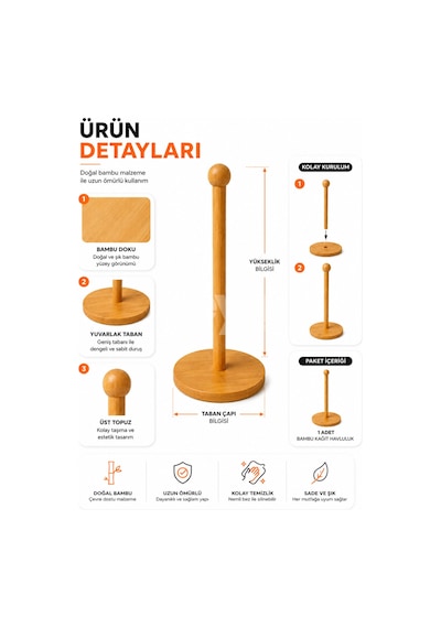 Bambu Kağıt Havluluk Rulo Peçetelik Tezgah Üstü Mutfak Havlu Standı Ahşap