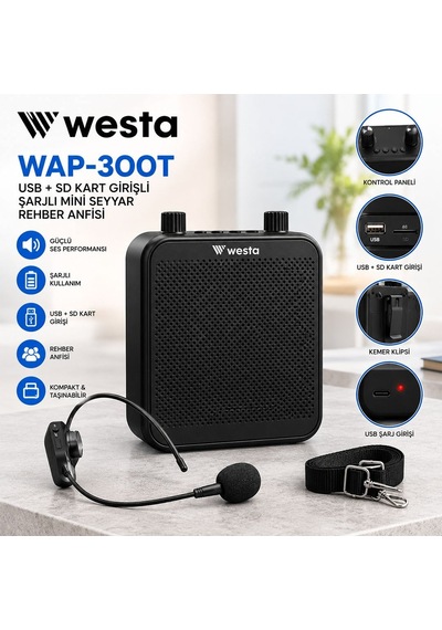 Westa Wap-300t Usb + Sd Kart Girişli Şarjlı Mini Seyyar Kablosuz Mikrofonlu Rehber Anfisi