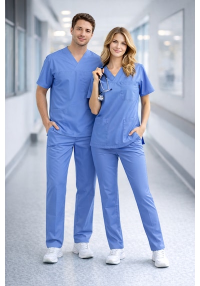 Likralı Hemşire Doktor Forması Premium Belinda Soft Kumaş Scrubs Hastane Üniforması Cerrahi Takım Mavi