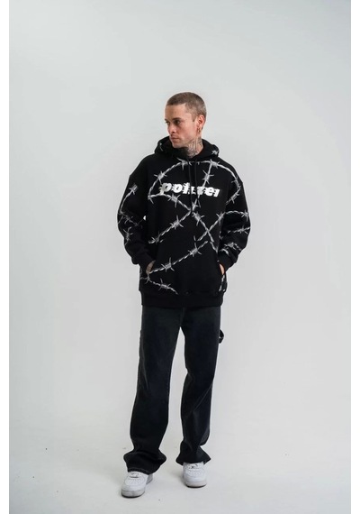 Polızeı Premium Kalite Kapşonlu Varak Ve Pano Baskılı Sweatshirt - Siyah