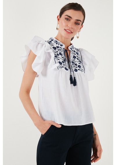 Lela Pamuklu Regular Fit Nakış Işlemeli Bayan Bluz 611Bz0253 Beyaz-Indigo