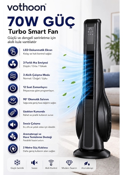Turbo Smart Akıllı Fan Auhma Led Ekranlı Kumandalı 90 Hareketli Serinletici Soğutucu Kule Tipi Vant