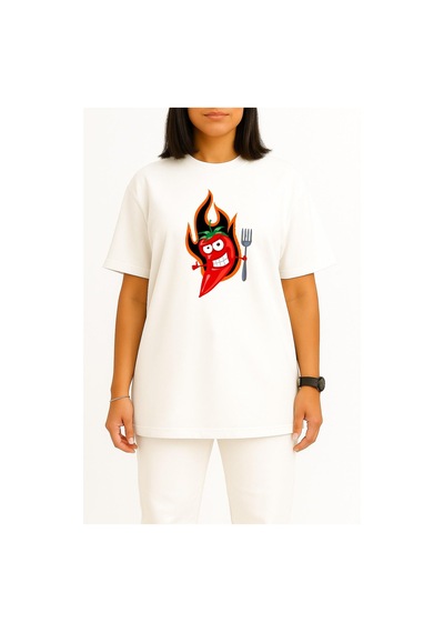 Bahriyeli Collection Oversize Kırmızı Acı Biber Logosu Göğüs Tasarımlı Unisex T-shirt Beyaz