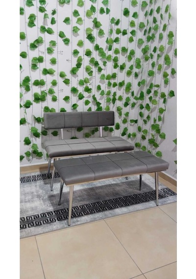 Özcan Metal Krom Metal Ayaklı Bench Sırtlı Mutfak Salon Antre Yatak Odası Puf Bank Oturak Takımı Açıkgri