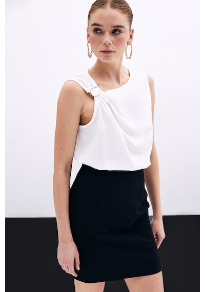 Sateen Tek Omuz Detaylı Bluz - Ekru-135905 Ekru