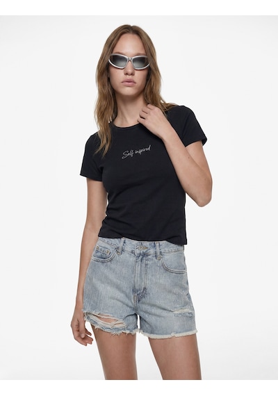 Koton Yüksek Bel Yıpratma Detaylı Taşlı Mini Denim Şort Orta İndigo 6sal40241md