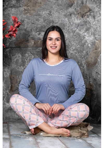 Lukitus Sıfır Yaka Uzun Kol Pamuk Kadın Pijama Takımı Mavi
