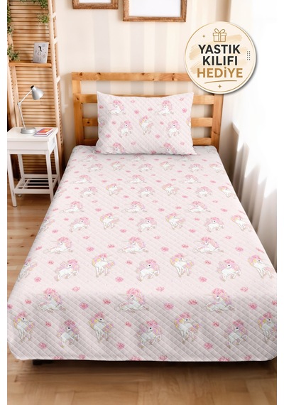 Evimde Bambaşka Unicorn Pastel Pembe Kız Çocuk Dekoratif Pike Takımı-çiçekli Lila Bebek Odası Yatak Örtüsü-160x220 CM