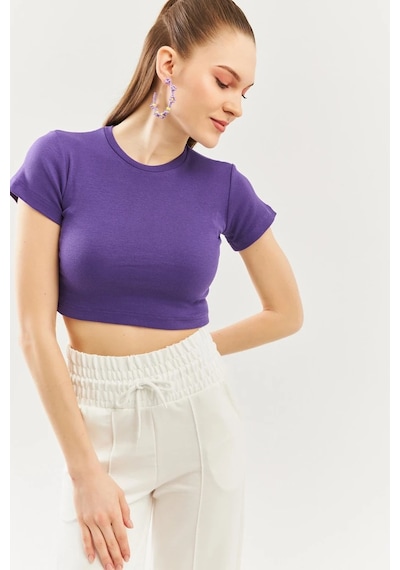 Butikgiz Kadın Kısa Kol Bisiklet Yaka Vücuda Oturan %100 Pamuklu Kaşkorse Esnek Crop Bluz Mor