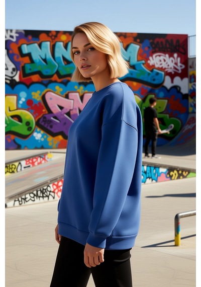 Benerly Kadın Bisiklet Yaka Düşük Kol Oversize Kalıp Sweatshirt Fonksiyon Indigo