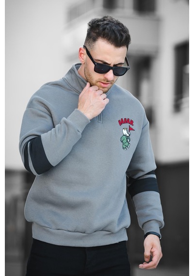 Oksit Babar Üç İplik Şardonlu Nakışlı Fermuarlı Dik Yaka Oversize Erkek Sweatshirt 001