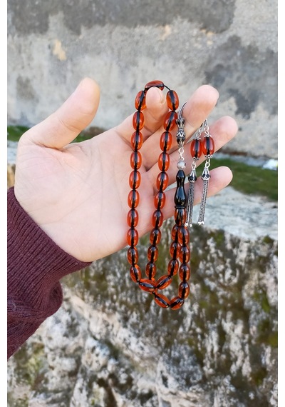Gümüş Püsküllü Vişne Renk Ateş Kehribar Tesbih