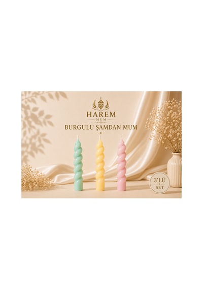 Burgulu Şamdan Mum Su Yeşili-sarı-gül Kurusu 3 Lü Set