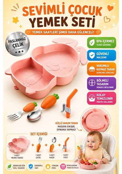 Pembe Vakumlu Silikon Mama Tabağı, Silikon Saplı Metal Uçlu Çatal Ve Kaşık Tavşan Figürlü