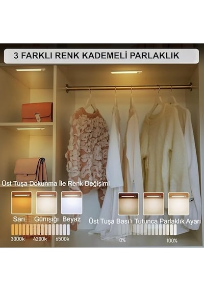 Sensörlü Alüminyum Usb Şarjlı Led Gece Lambası, 3 Renk Kısılabilir, Mutfak Dolap Tezgah İçin 40 Cm