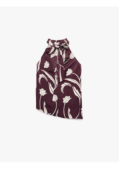 Koton Bağlama Detaylı Floral Desenli Halter Yaka Saten Bluz Bordo Desenli 6wak60123uw