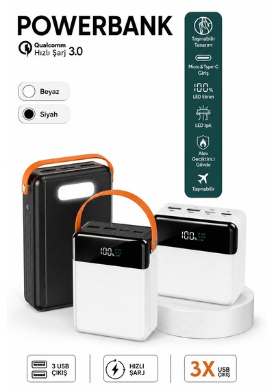 80.000mah Taşınabilir Powerbank Hızlı Şarj 3 Usb Çıkışlı Type-c Lightning Kablo Lcd Gösterge Siyah - Siyah