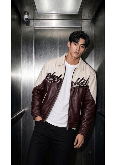 Oksit Club Ltd Nakış Detaylı Vintage Colorblock Gömlek Yaka Deri Bomber Ceket Bordo