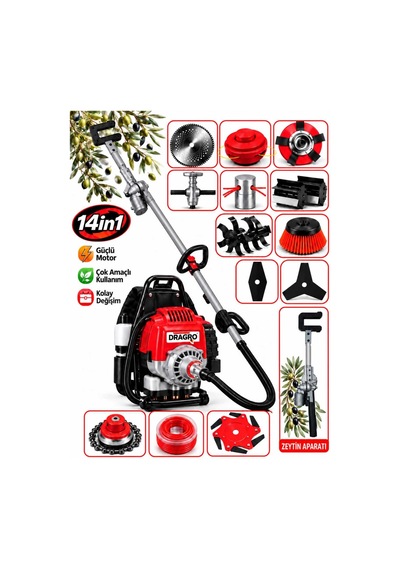 Dragro Drg-14 Sırt Tipi K Motorlu Tırpan Çapalama Seti + Zeytin Toplama 14 Parça Full Set Bahçe Seti