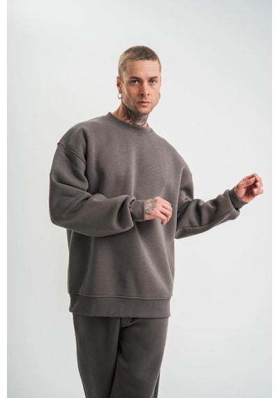 Erkek Uzun Kol Bisiklet Yaka 3 İplik Pamuklu Kışlık Sweatshirt - Füme
