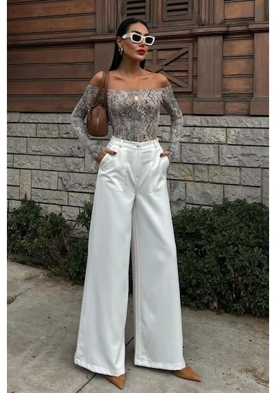 Defymoda Bol Paça Palazzo Pantolon 0080 Ekru