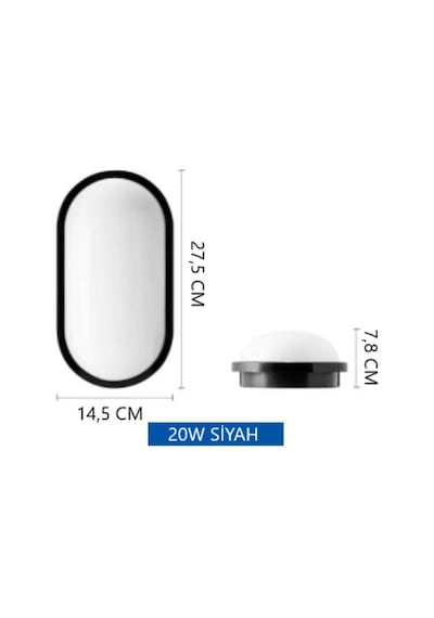 Horoz Aydos 20w Oval Siyah Led Nem Su Geçirmez Banyo Bahçe Modern Tavan Lambası Beyaz Işık Siyah