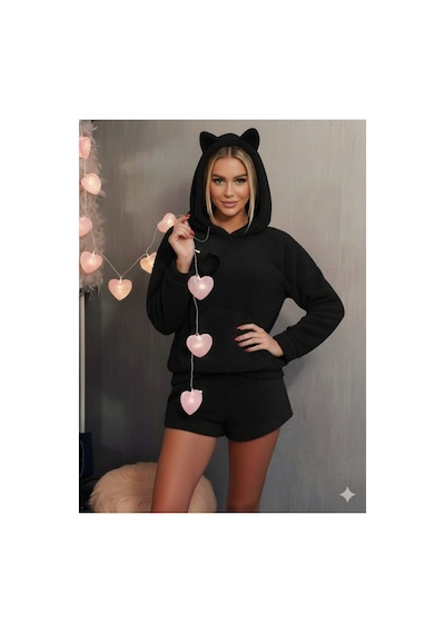 Butik İstanbul Kadın Uzun Kollu Kapşonlu Peluş Bluz Ve Kısa Short Ikili Takım Siyah