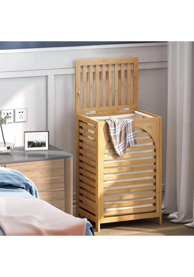 Kalın Ahşap Bambu Kirli Çamaşır Sepeti Kumaş Çantalı Sepet 43x33x67cm Bx40 Çok Renkli