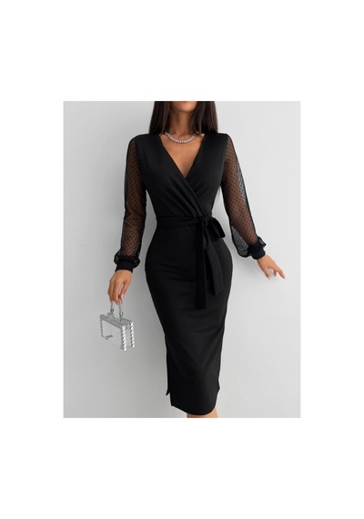Butik İstanbul Kadın Uzun Kollu V Yakalı Kollar Puantiyeli Beli Kuşaklı Midi Krep Elbise Siyah Butik İstanbul Kadın Uzun Kollu V Yakalı Kollar Puantiyeli Beli Kuşaklı Midi Krep Elbise Siyah