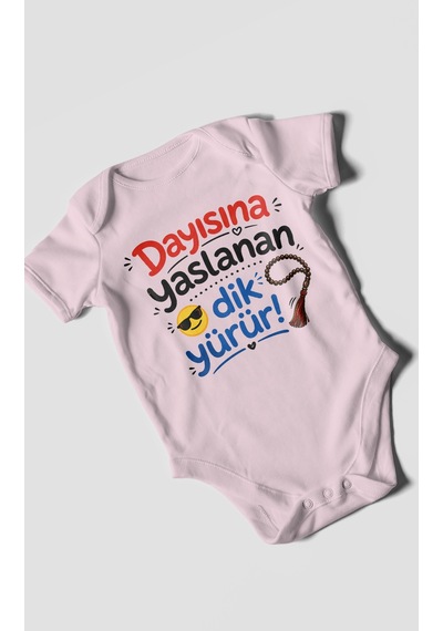 Morivokids Dayısına Yaslanan Dik Yürür Kısa Kollu Bebek Body %100 Pamuk Bebe Pembe