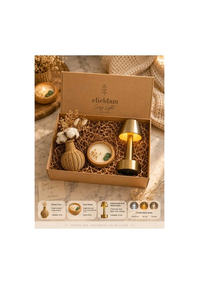 Doğum Günü, Özel Gün, Yeni İş, Yeni Ev Hediyesi Rattan Vazo, Soya Wax Mum Ve Şarjlı Masa Lambası Premium Set