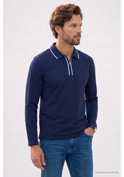 Tudors Erkek Slim Fit Dar Kesim %100 Pamuk Uzun Kollu Fermuarlı Lacivert Polo Yaka Tişört-52789