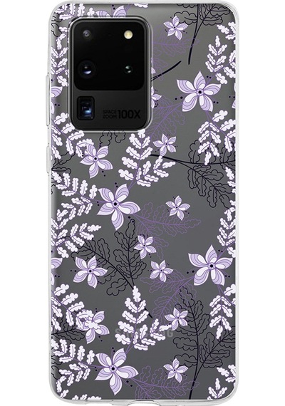 Samsung Galaxy Uyumlu S20 Ultra Kapak Floral Lila Tasarımlı Şeffaf Silikon Kılıf