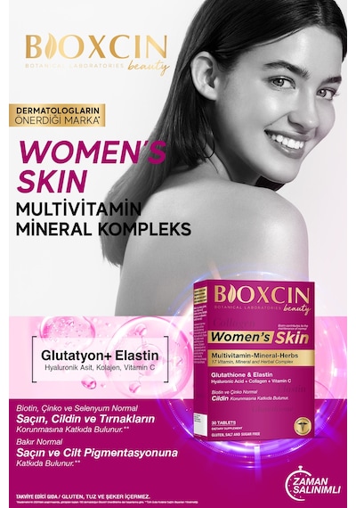 Bioxcin Women's Skin 30 Tbl - Glutatyon, Elastin, Biotin, Çinko, Kolajen, Hya Asit, Magnezyum, Cilt Vitamini