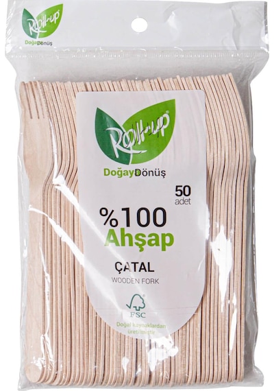 Roll-up Doğaya Dönüş Ekolojik Doğal Doğa Dostu %100 Ahşap Çatal - 16 Cm. - 50'li Paket Kahverengi