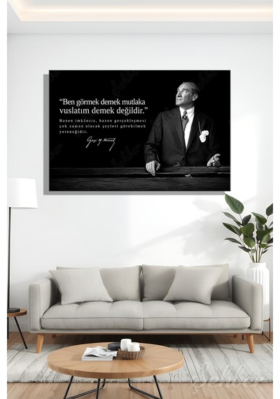 Gazi Mustafa Kemal Atatürk'ün Siyah-beyaz Portresi Ve Bir Özlü Sözü Yatay Kanvas Tablo 4173 Çok Renkli