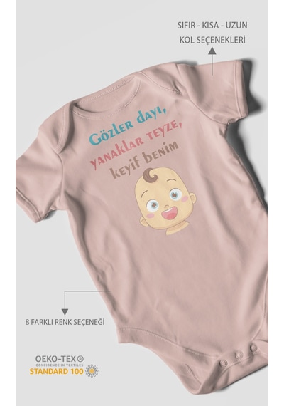 Gözler Dayı Yanaklar Teyze,keyif Benim Baskılı Bebek Zıbını Çıtçıtlı Body %100 Pamuk Kısa Kol Pastel Pembe