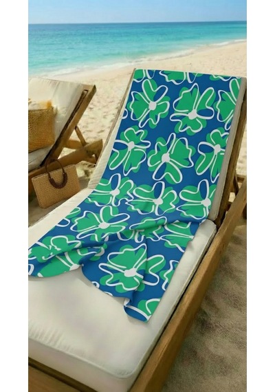 Yeşil Çiçek Desenli Saks Mavi Yüksek Su Emici 70x150cm Plaj Havlusu Renkli