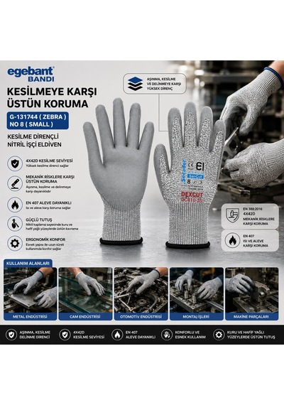 10 Adet Zebra No 8 Small Kesilme Dirençli Nitril İşçi Eldiven Bandı 4741