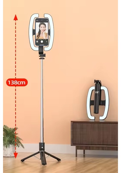 Exenar - Siyah - Monopod Tripod Led Işık Selfie Kumandalı Tripod 138cm Canlı Yayın Telefon Tutcusu